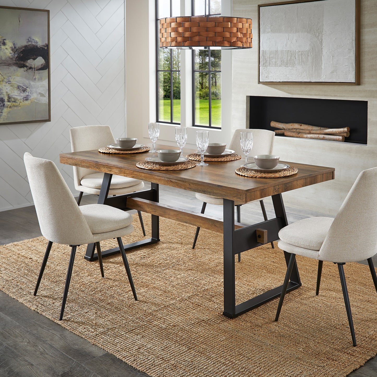 69" Black Metal Brown Wood Finish 4-person Dining Table