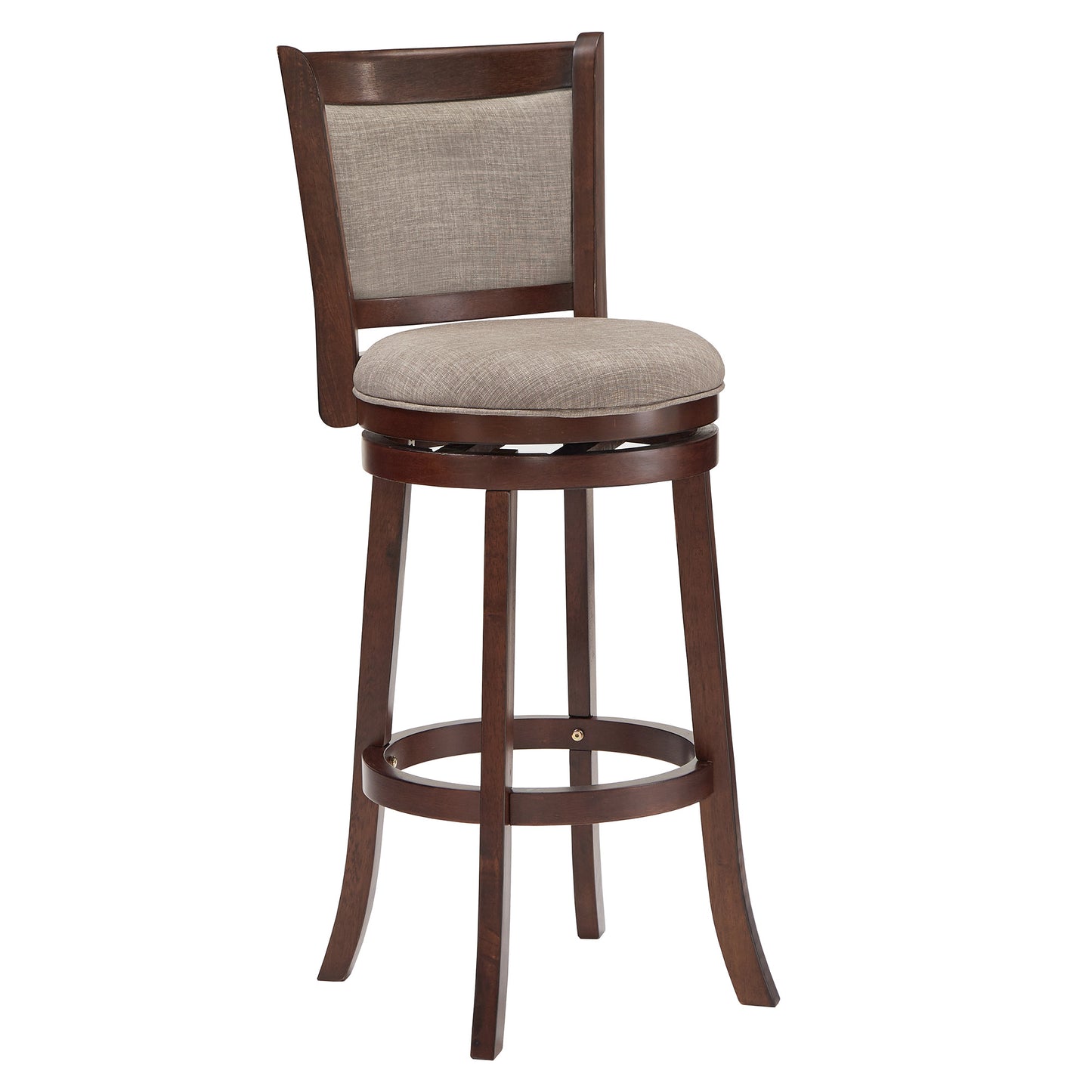 Upholstered Back Swivel Stool - 29" Bar Height, Cherry Finish, Gray Linen