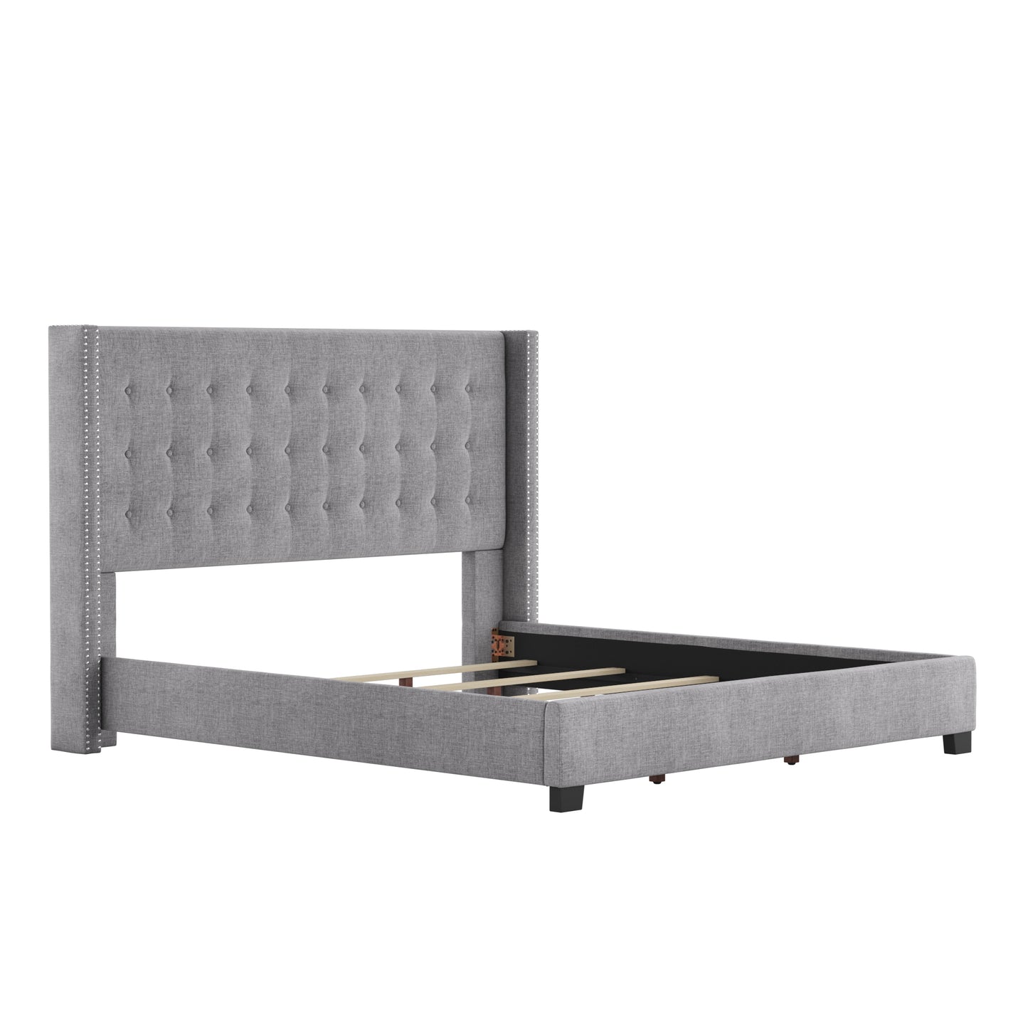 Tufted Linen Wingback Bed - Gray Linen, King