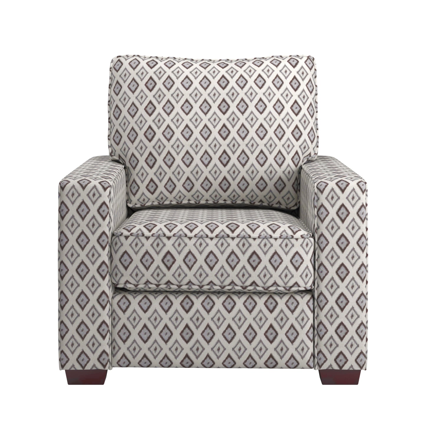 Modern Fabric Upholstered Square Arm Sofa - Living Room Chair, Brown and Blue Diamond Pattern Fabric