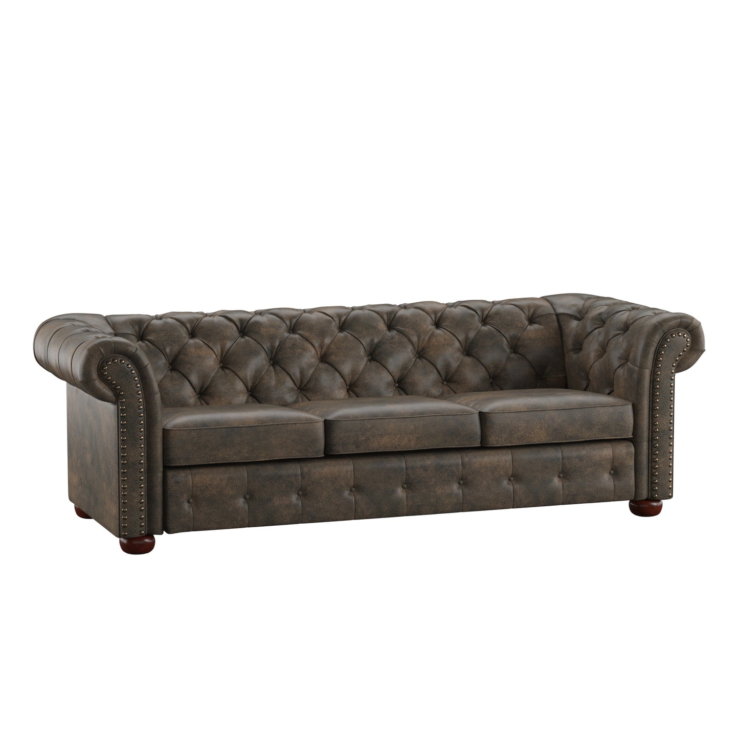 Tufted Scroll Arm Chesterfield Sofa - Brown Microfiber Upholstery