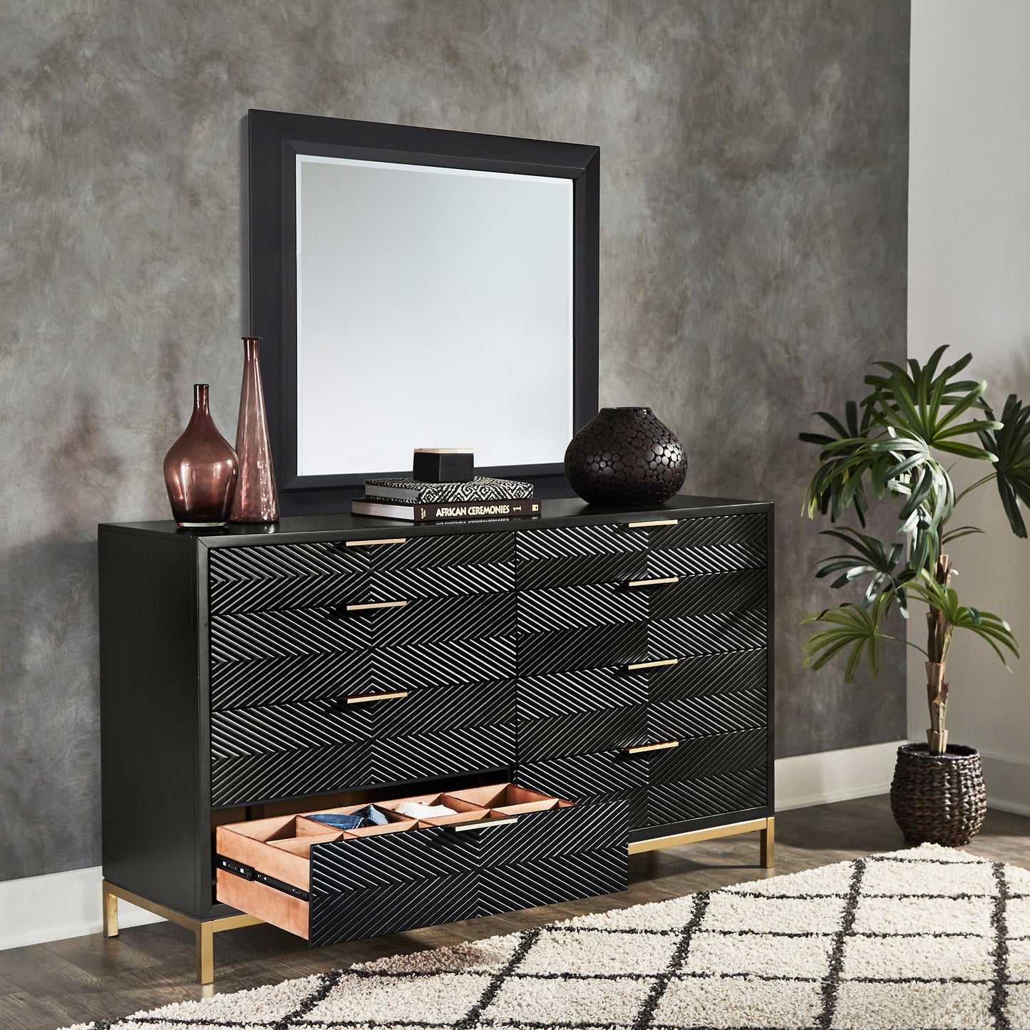 64" Wide 8 - Drawer Dresser - Black Finish, Gold Accent, Dresser and Mirror