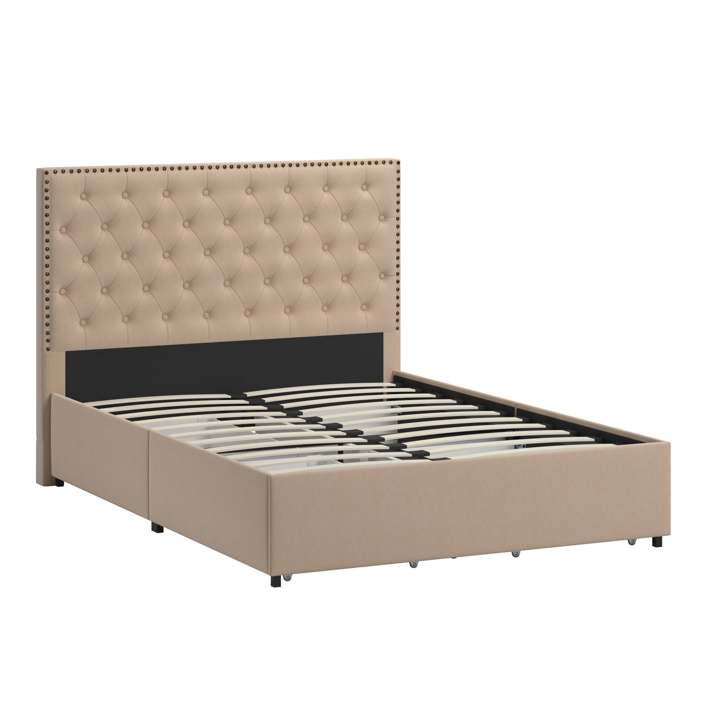 Nailhead Linen Headboard Storage Platform Bed - Beige Linen, Full (Full Size)