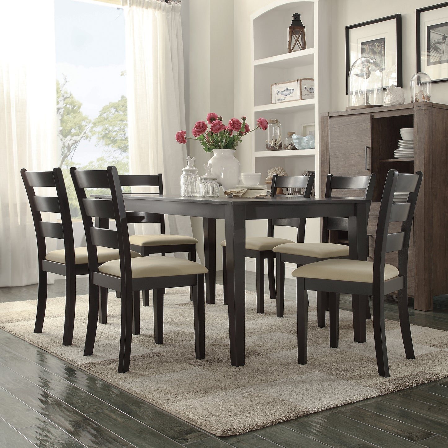 Black Wood Dining Set - 60-inch Table, Ladder Back Chairs, 7-Piece Set