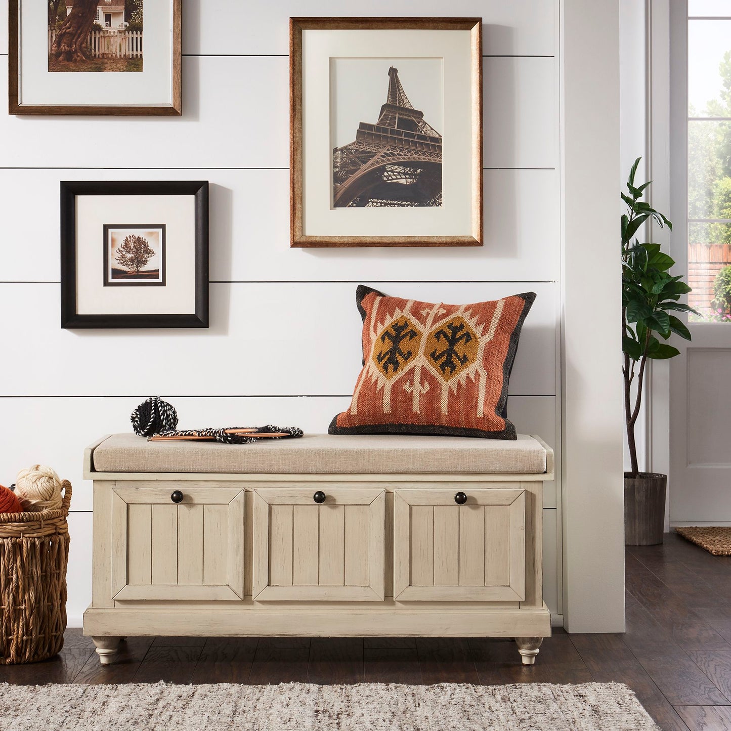 Storage Bench with Linen Seat Cushion - Antique White Finish