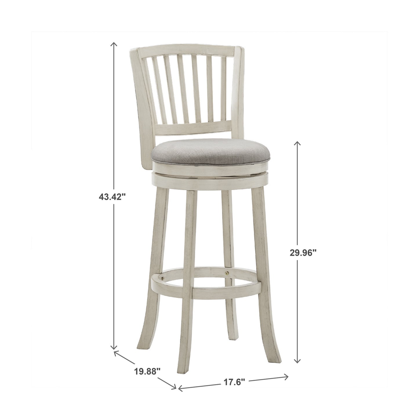 Slat Back Swivel Chair - 29" Bar Height, Antique White Finish, Gray Linen