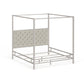 Metal Canopy Bed with Upholstered Headboard - Off-White Linen, Chrome Finish, King Size