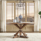 Rustic X-Base Round Pine Finish Dining Table Set - Beige Linen, Ornate Chair Backs