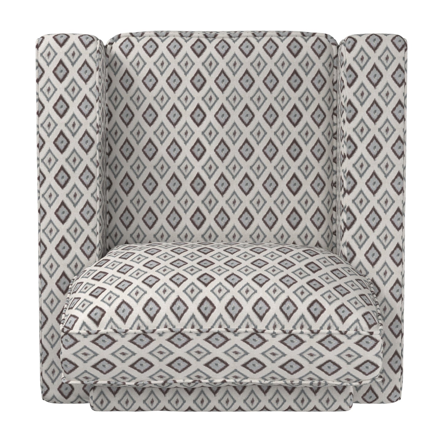 Modern Fabric Upholstered Square Arm Sofa - Living Room Chair, Brown and Blue Diamond Pattern Fabric