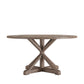 Rustic X-Base Round Pine Finish Dining Table Set - Beige Linen, Ornate Chair Backs