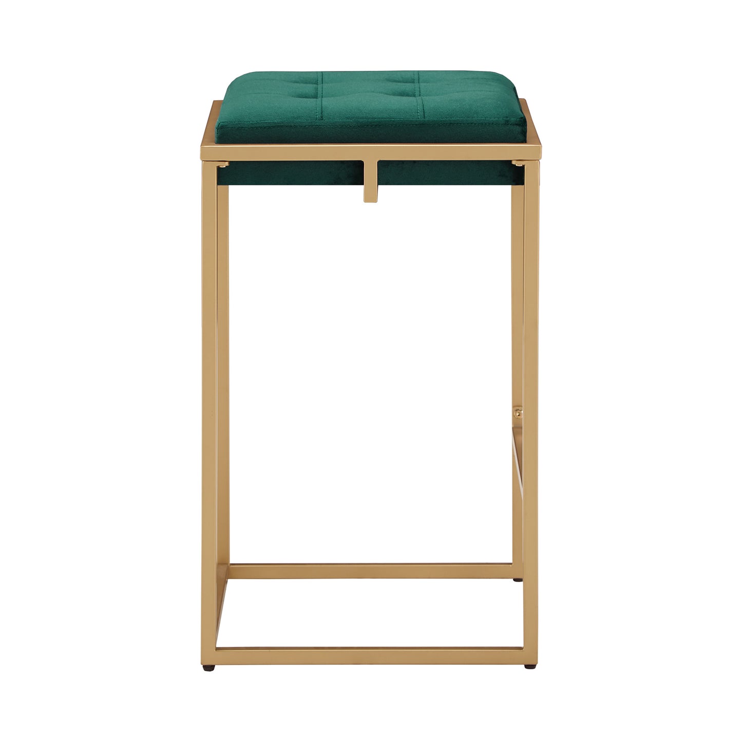 Gold Finish Velvet Button Tufted Bar Stools (Set of 2) - Dark Green, 24" Counter Height