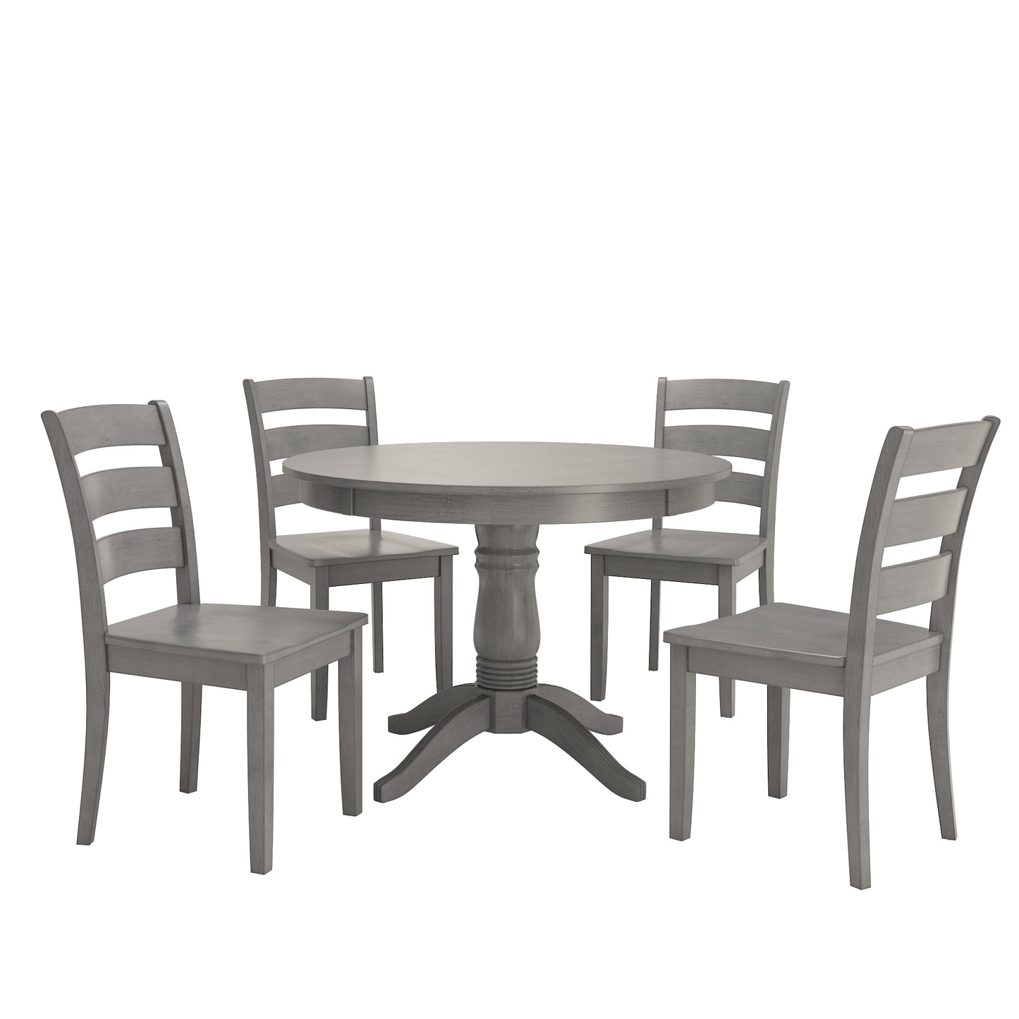 Round Pedestal Base 5-Piece Dining Set - Antiqua Gray Finish, Laddar Back