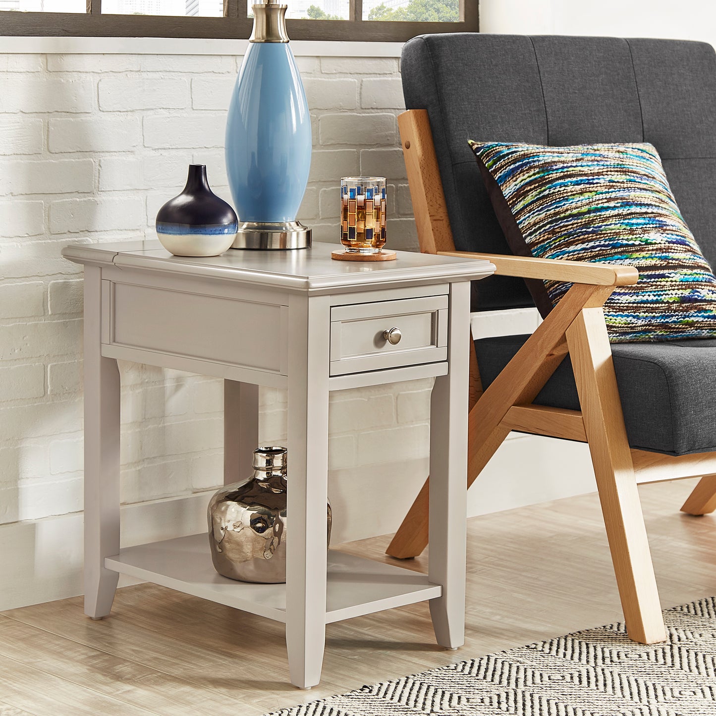 1-Drawer Side Table with Charging Station - Silver Birch