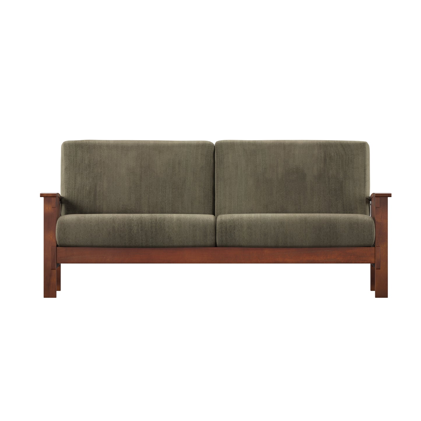 Mission-Style Wood Sofa - Olive Microfiber, Oak Finish