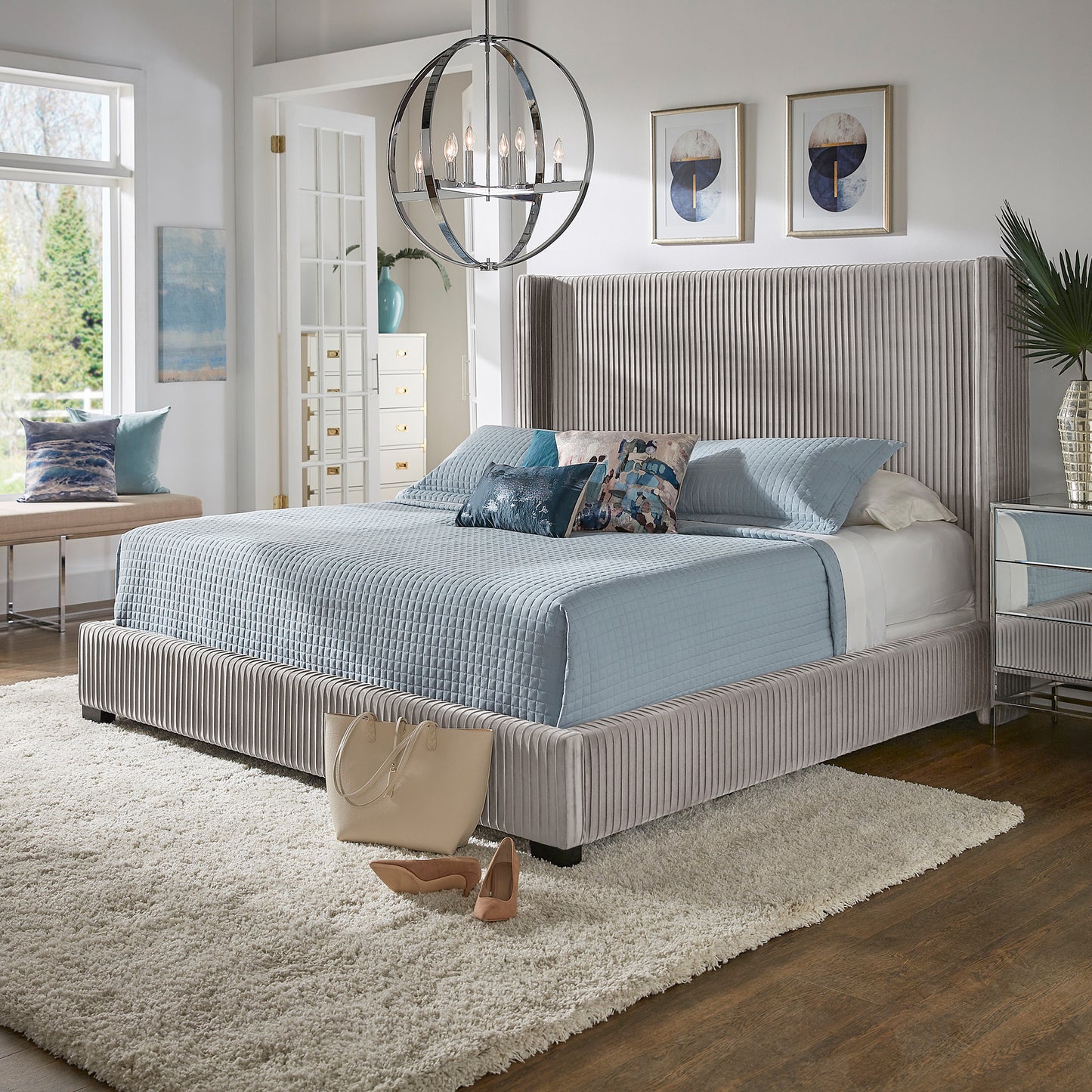 Wingback Upholstered Bed - Light Dove Gray Velvet, King Size