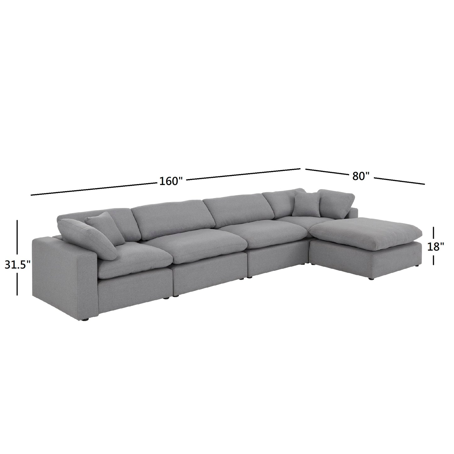 Gray Linen Weave Down Blend Chaise 4-5 Seat Modular Sectional Sofa with Ottoman