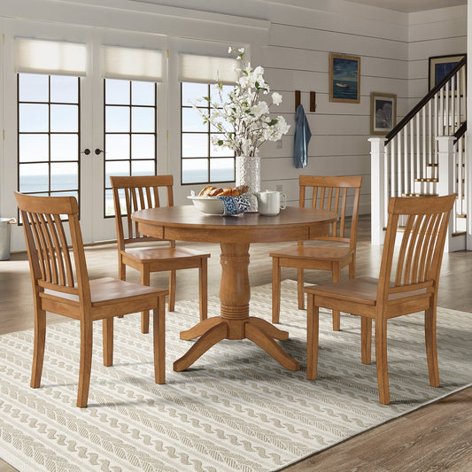 Round Pedestal Base 5-Piece Dining Set - Oak Finish, Mission Back