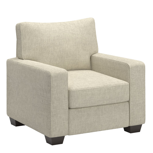 Modern Fabric Upholstered Square Arm Sofa Set - Living Room Chair, Loveseat and Sofa, Beige Woven Fabric