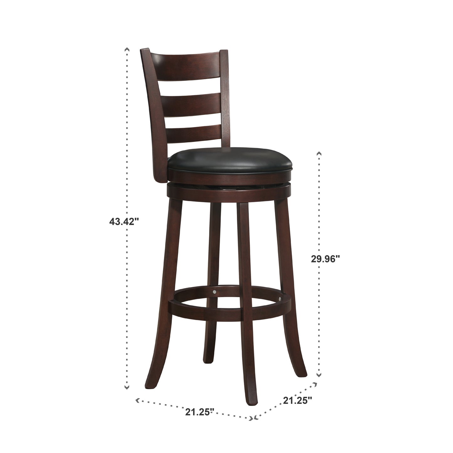 Ladder Back 29"H Swivel Bar Stool - Dark Cherry Finish, Black Faux Leather