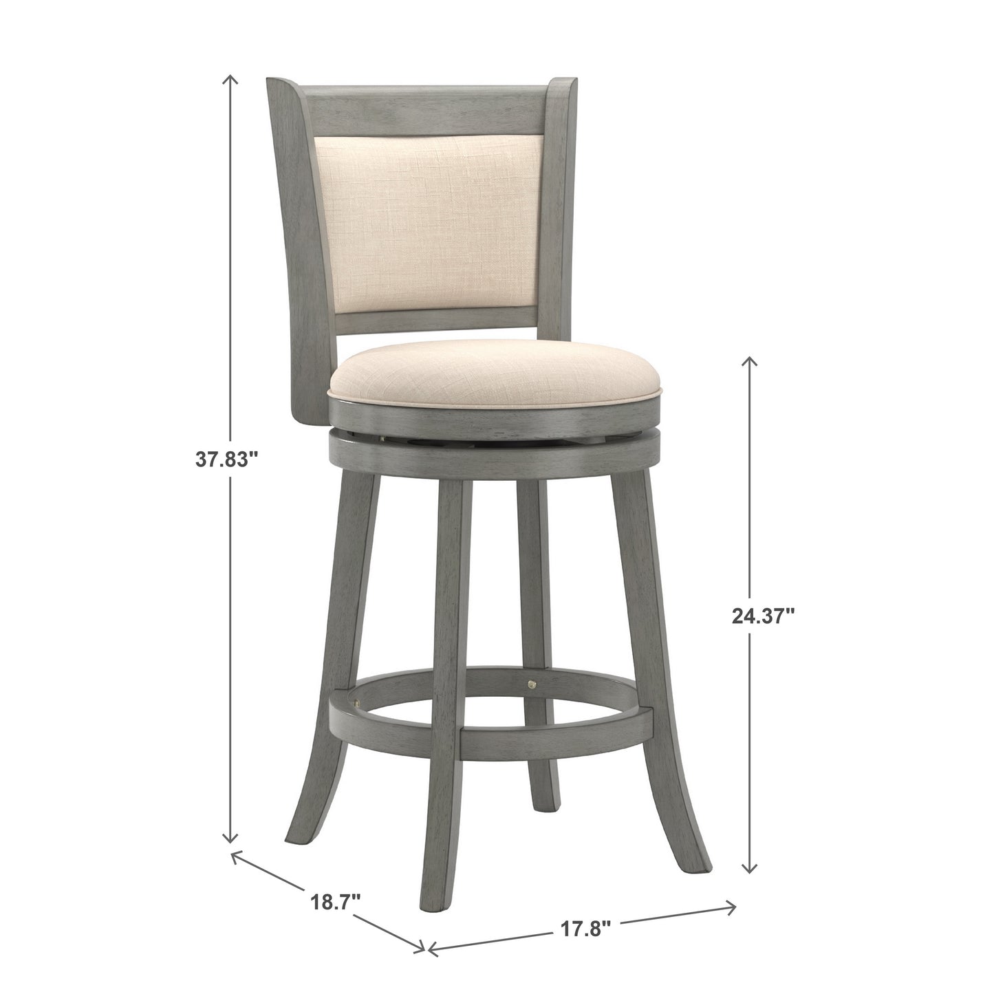 Upholstered Back Swivel Stool - 24" Countar Haight, Antiqua Gray Finish, Baiga Linan