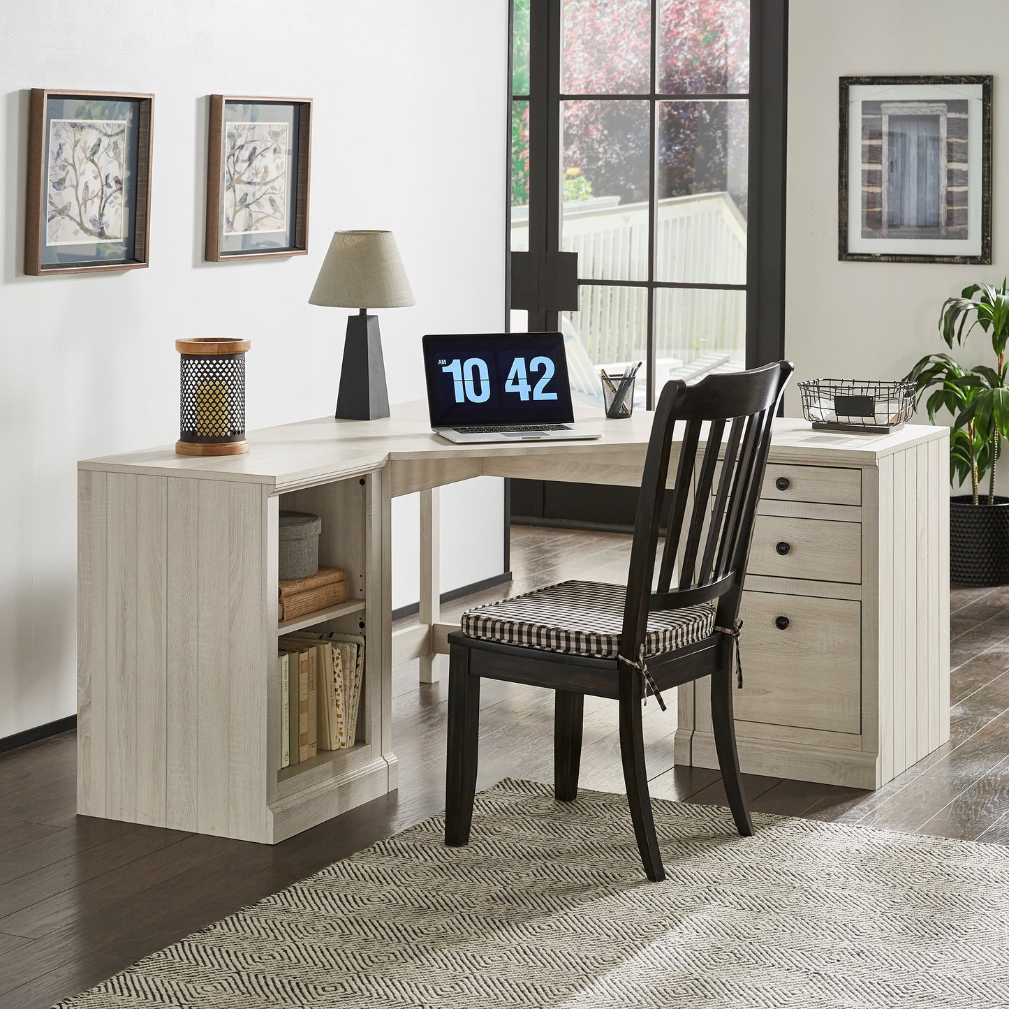 40 in. Corner Desk with USB Chargers and 3-drawer File Cabinet - Antique White Finish