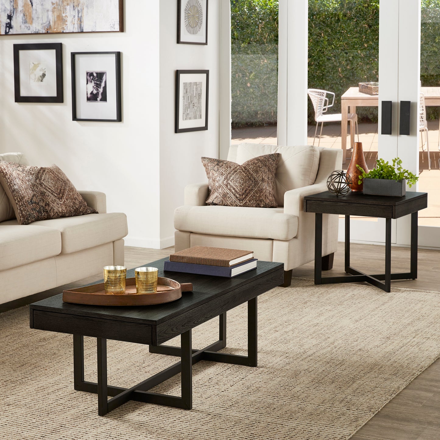 Wood Finish Tables with Drawers - Black Finish, End Table and Coffee Table Set