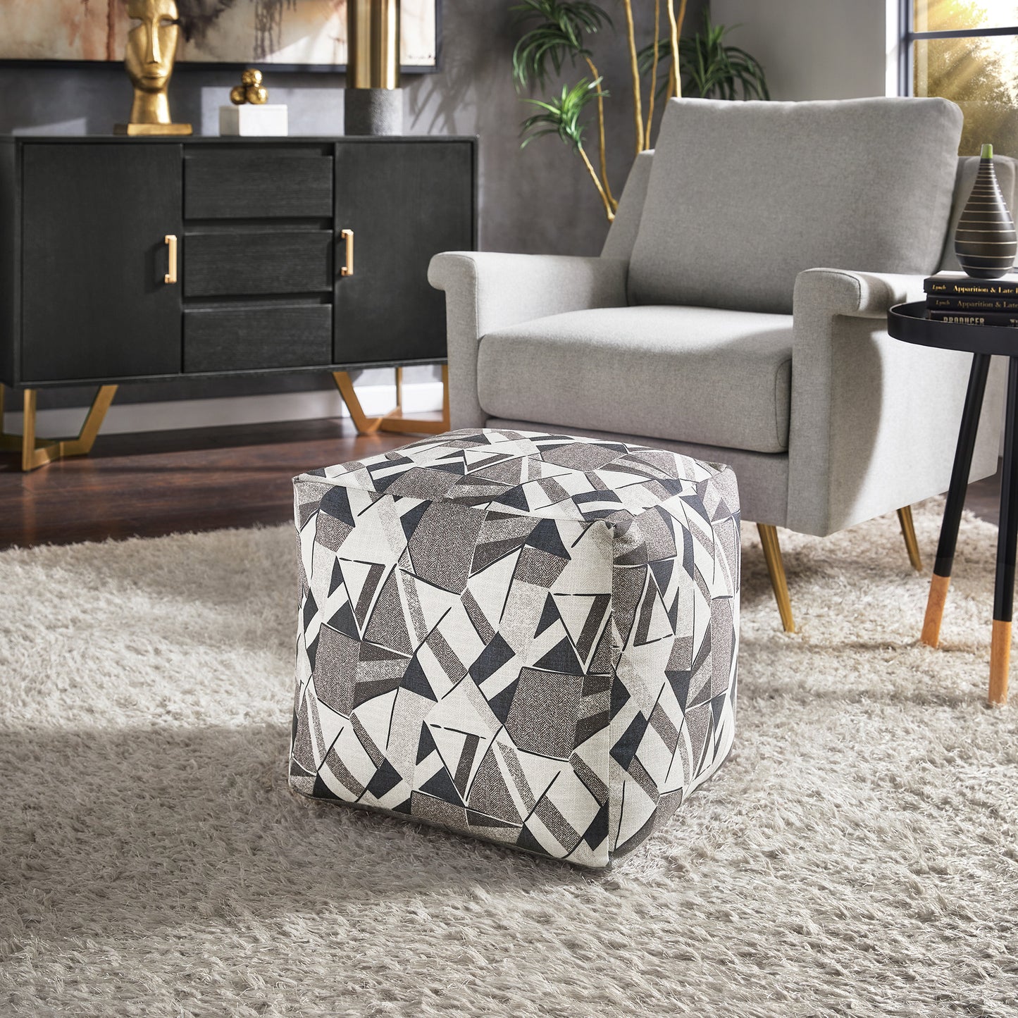 Upholstered Square Pouf Ottoman - Blua & Gray Tona Gaomatric Pattarn Fabric