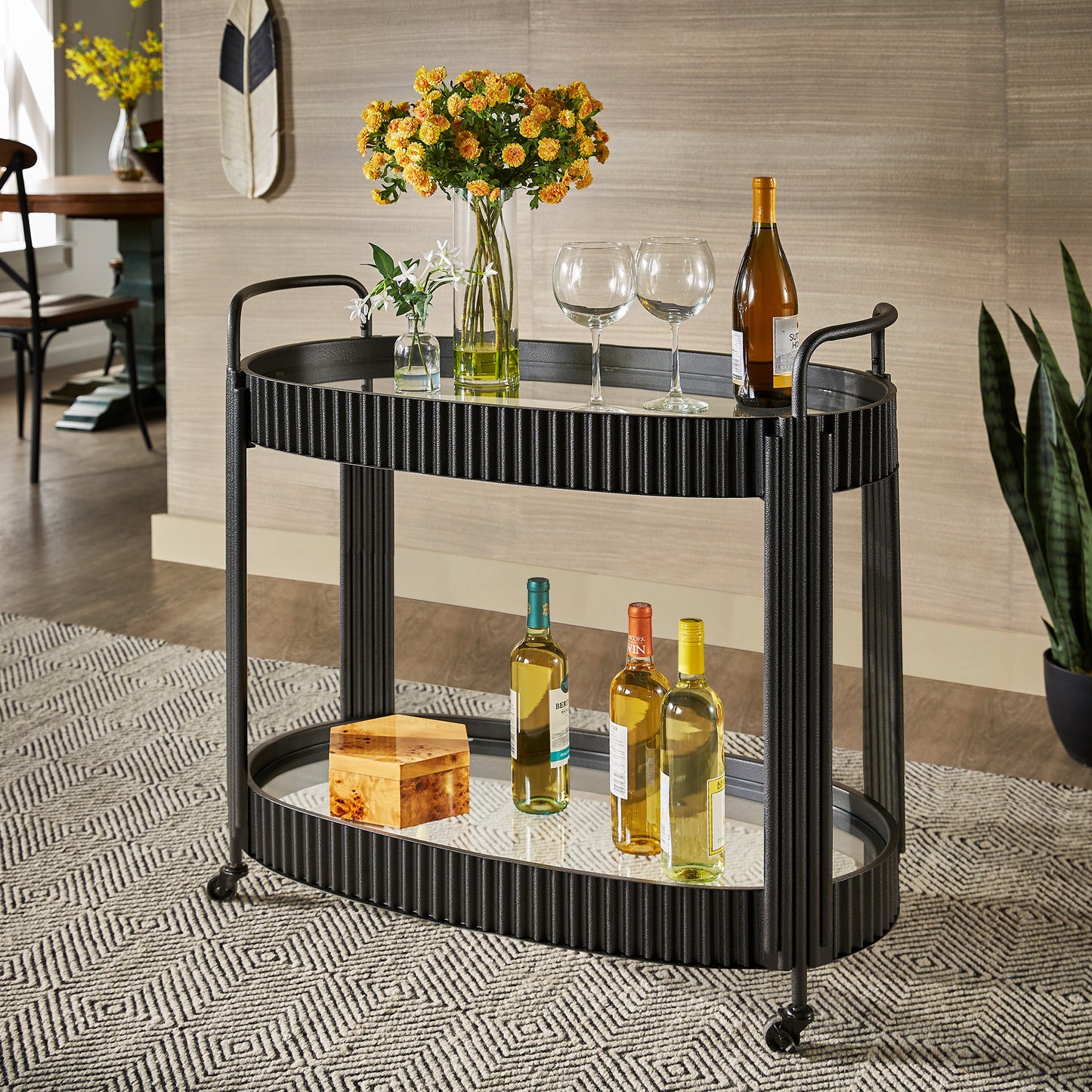 Black Finish Metal Oval Bar Cart with Clear Tempered Glass