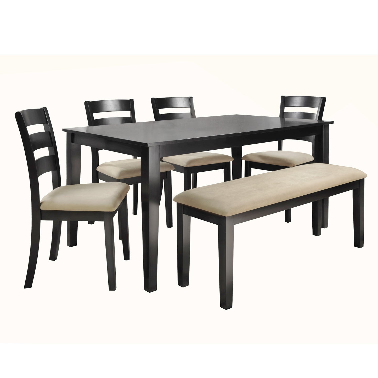 Black Wood Dining Set - 60-inch Table, Ladder Back Chairs, 6-Piece Set