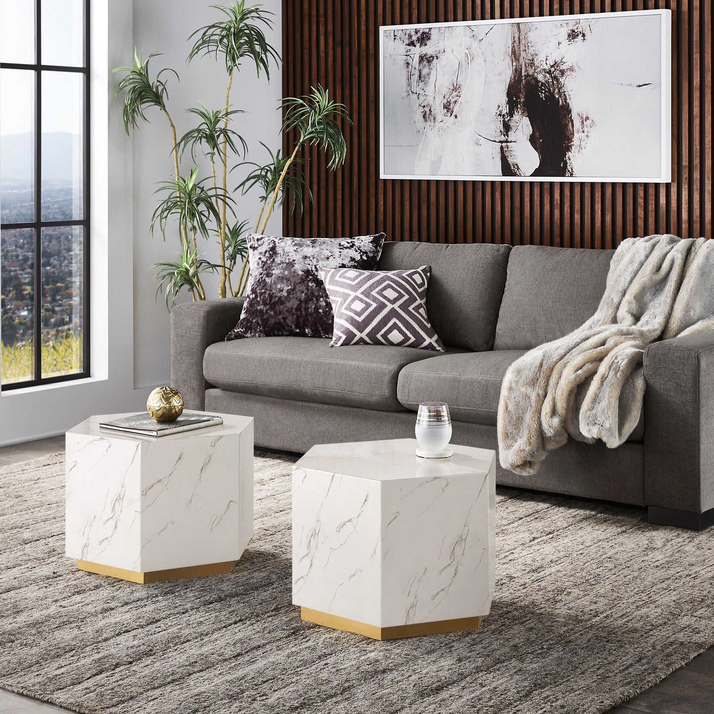 Faux Marble Coffee Table - White, Hexagon (Set of 2)