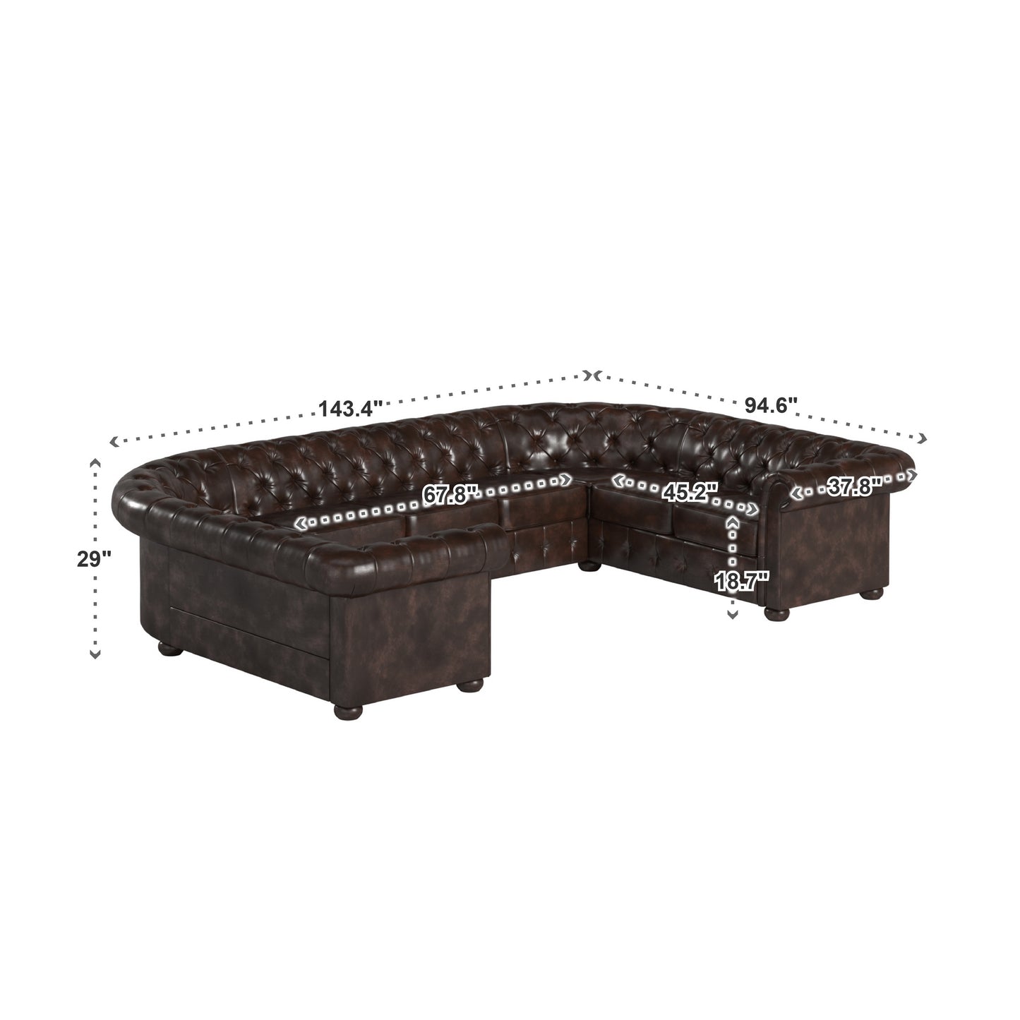 9-Seat U-Shaped Chesterfield Sectional Sofa - Brown Bonded Leather