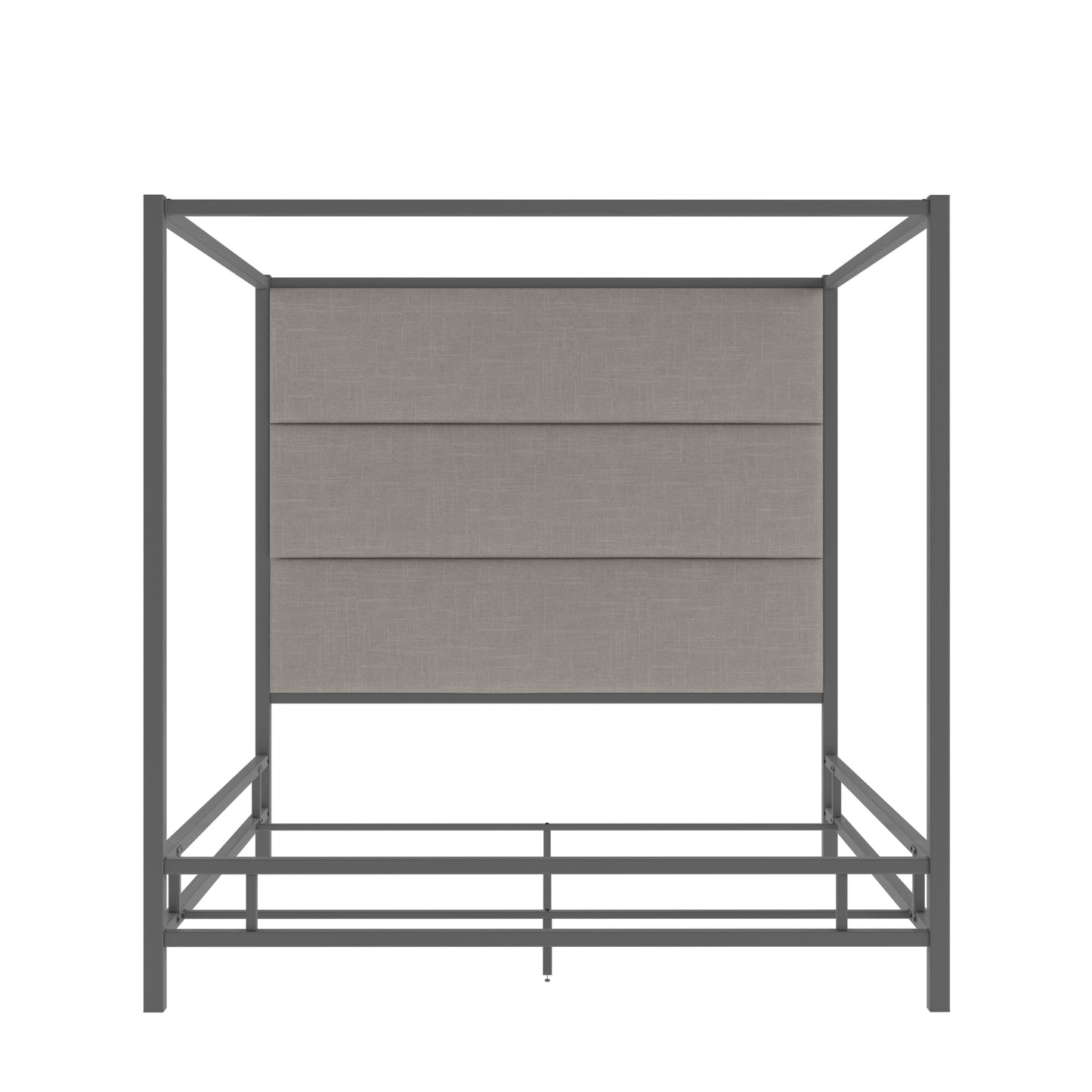 Metal Canopy Bed with Linen Panel Headboard - Gray Linen, Black Nickel Finish, King Size