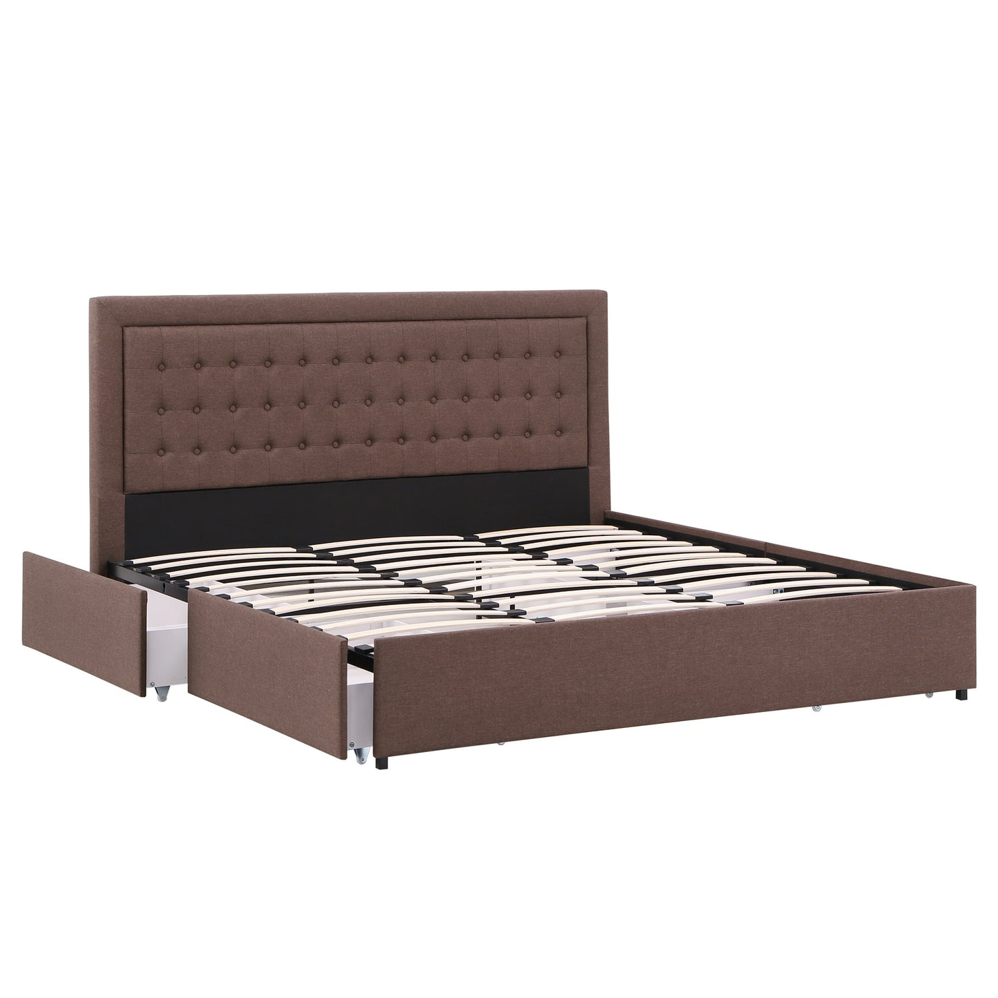 Tufted Linen Headboard Storage Platform Bed - Brown Linen, King (King Size)