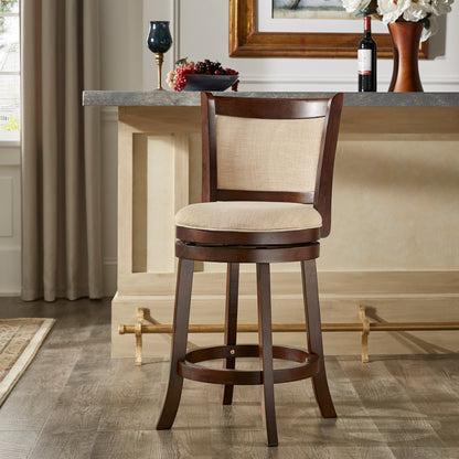 Upholstered Back Swivel Stool - 24" Counter Height, Cherry Finish, Beige Linen