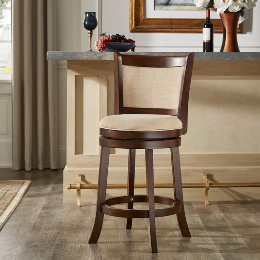 Upholstered Back Swivel Stool - 24" Counter Height, Cherry Finish, Beige Linen