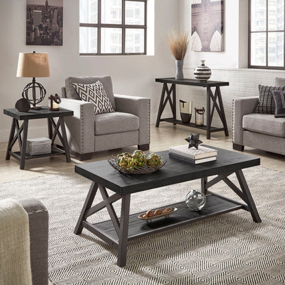 Rustic X-Base Accent Tables - Black Finish, End Table, Coffee Table, and Sofa Table Set