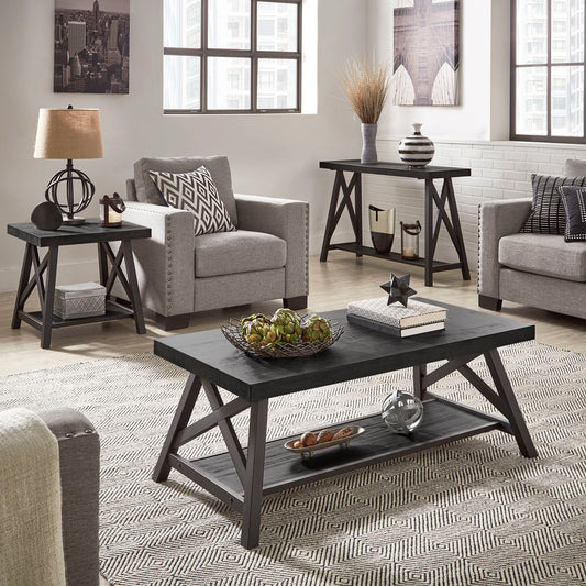 Rustic X-Base Accent Tables - Black Finish, End Table, Coffee Table, and Sofa Table Set