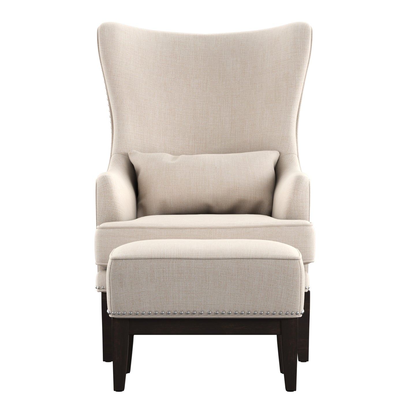 High Back Wing Lounge Chair with Footstool - Beige Linen