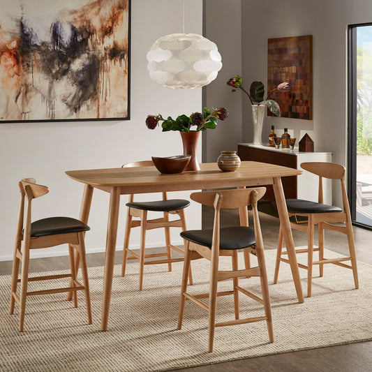 Mid-Century Natural Oak 63" Wide Counter Height Dining Set - Natural Finish Table and 4 Black Vegan Leather Chairs