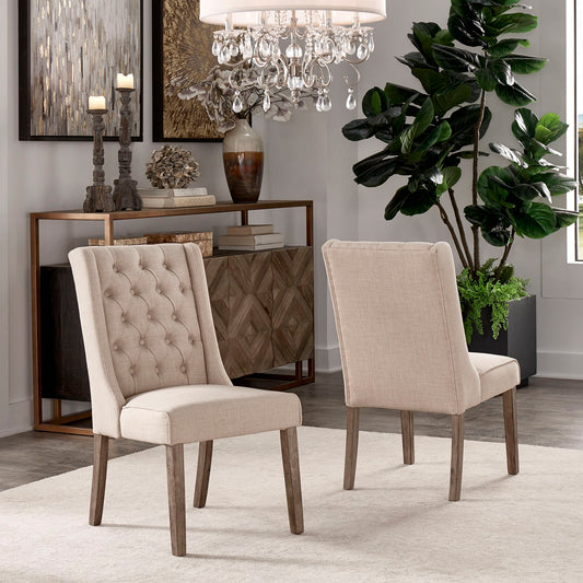 Tufted Linen Upholstered Side Chairs (Set of 2) - Beige Linen