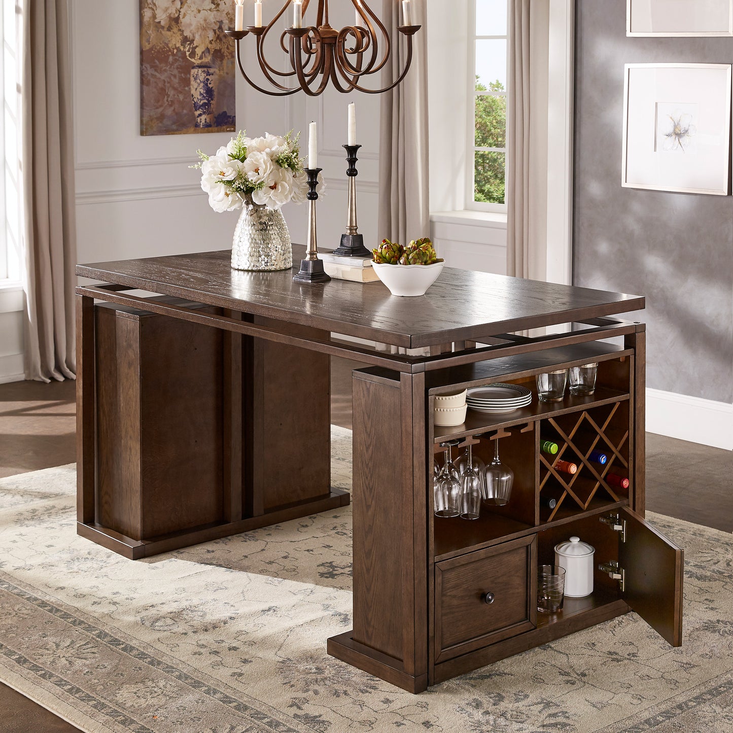 Rectangular Counter Height Dining Table - With Two Wine Cabinets