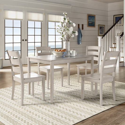 Oak Wood Finish 48-inch Rectangle Dining Set - Antique White Finish, Ladder Back Chairs