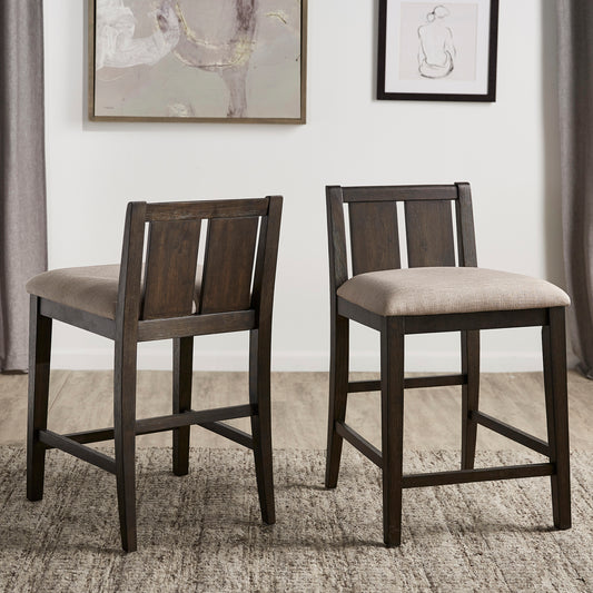 Two-Tone Fabric Counter Height Chairs (Set of 2) - Dark Cherry Finish, Light Brown Fabric