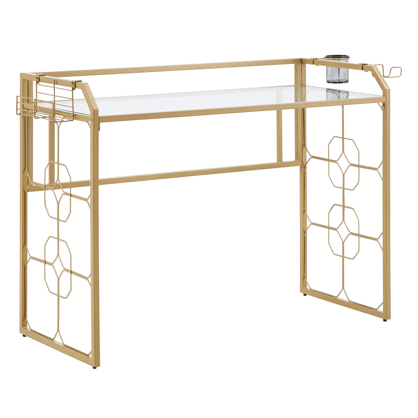 Octagon Pattern Gold Metal and Glass Desk