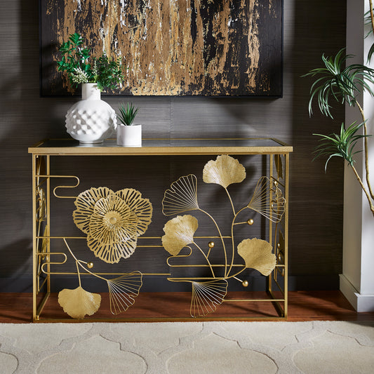 Gold Finish Peony and Ginkgo Console Table with Mirror Top