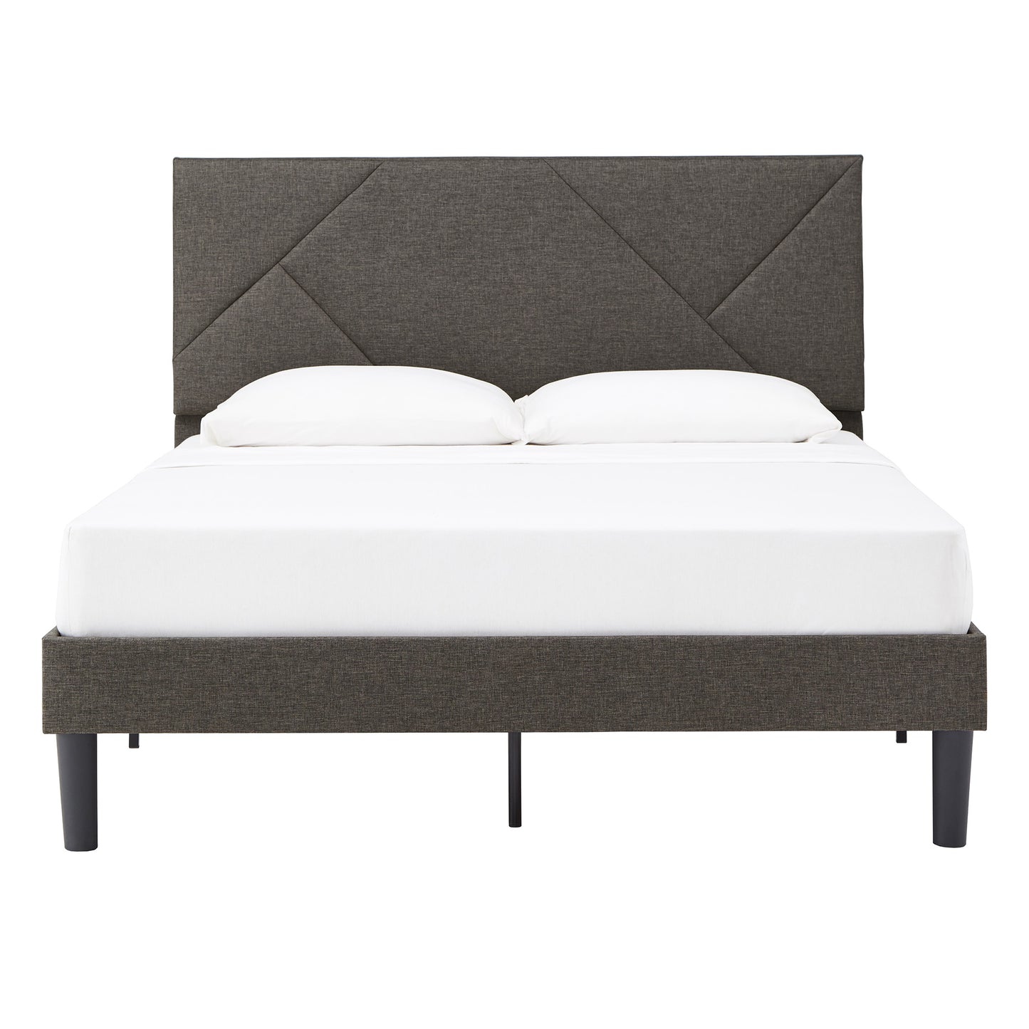 Upholstered Platform Bed with Geometric Headboard - Gray, Queen (Queen Size)