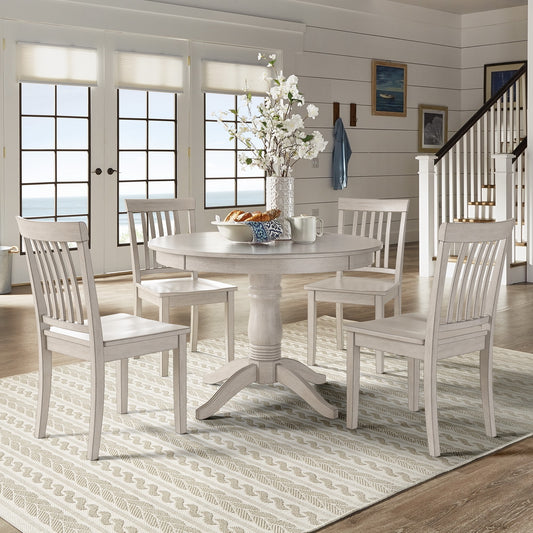 Round Pedestal Base 5-Piece Dining Set - Antique White Finish, Mission Back