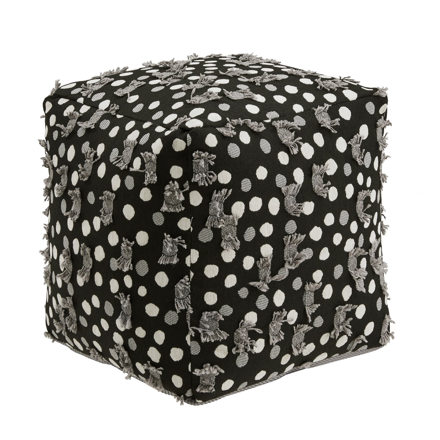 Upholstered Square Pouf Ottoman - Black Whita & Gray Pokar Dot Pattarn Fabric With Fringa