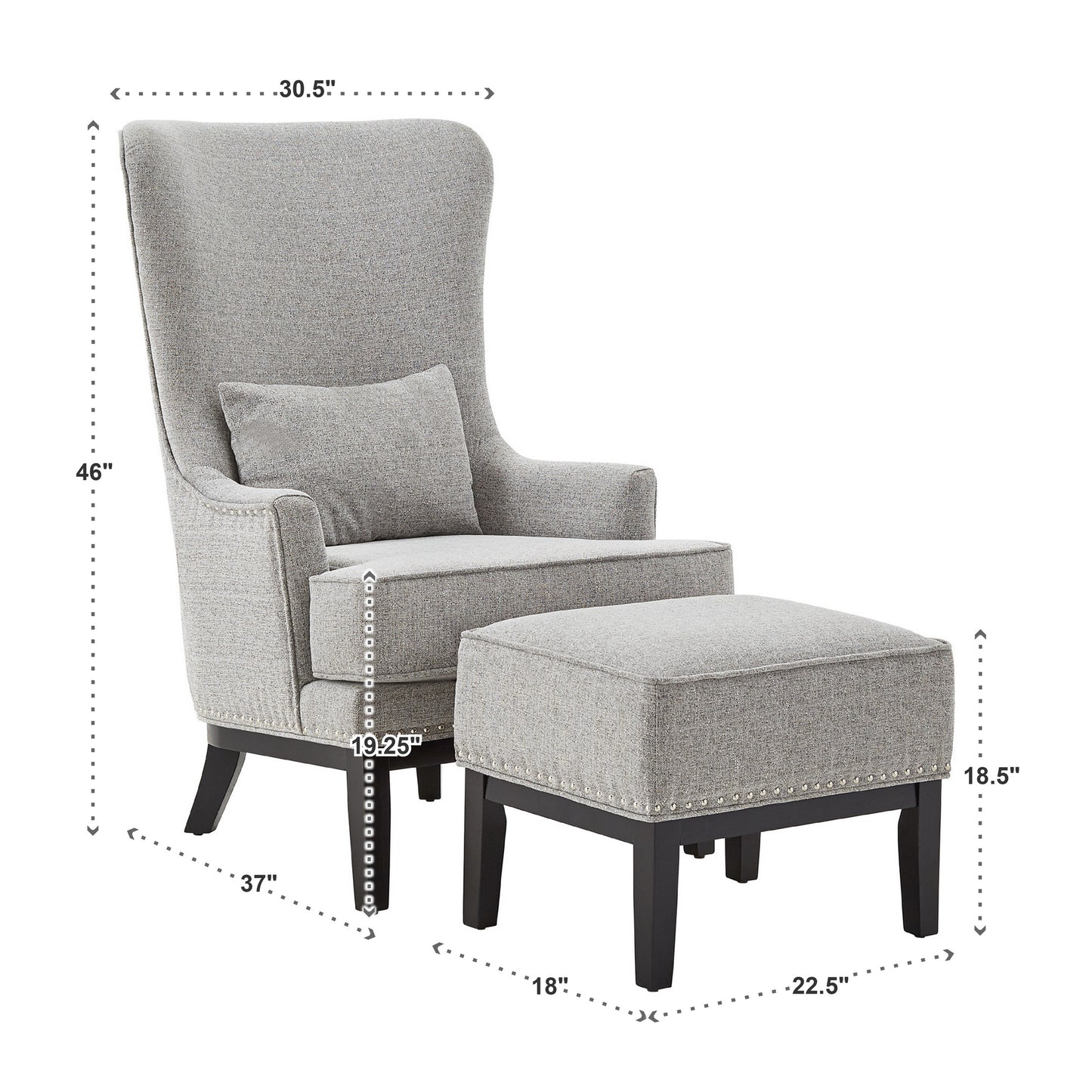 High Back Wing Lounge Chair with Footstool - Light Gray Haatharad Waava