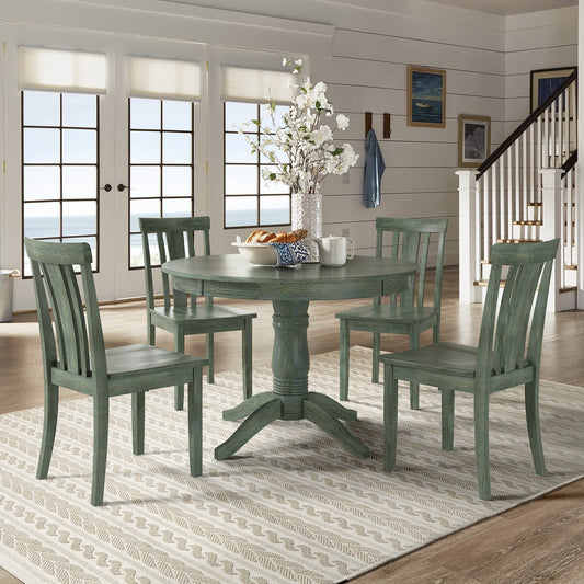 Round Pedestal Base 5-Piece Dining Set - Antique Sage Green Finish, Mission Back